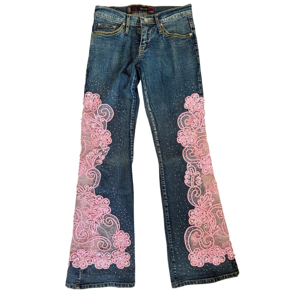 Vintage Y2K Handcrafted Pink Embroidered Bootcut Jeans SZ 28